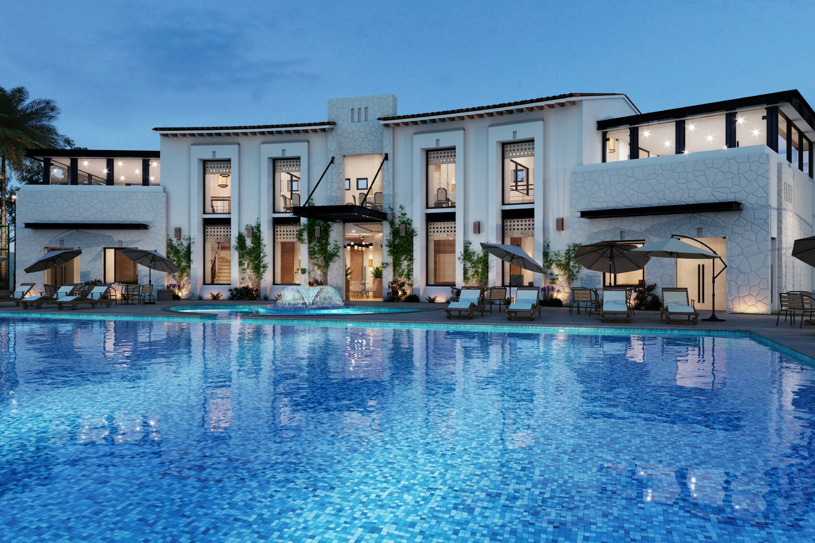 Boutique hotel exterior at night